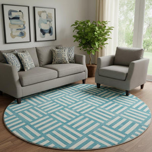 HomeRoots 8' Teal and Ivory Geometric Round Rug – Stylish, Washable, UV-Protected for High-Traffic Areas 652434