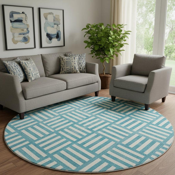 HomeRoots 8' Teal and Ivory Geometric Round Rug – Stylish, Washable, UV-Protected for High-Traffic Areas 652434