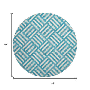 HomeRoots 8' Teal and Ivory Geometric Round Rug – Stylish, Washable, UV-Protected for High-Traffic Areas 652434