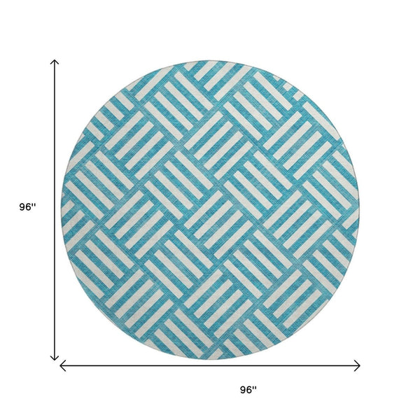 HomeRoots 8' Teal and Ivory Geometric Round Rug – Stylish, Washable, UV-Protected for High-Traffic Areas 652434
