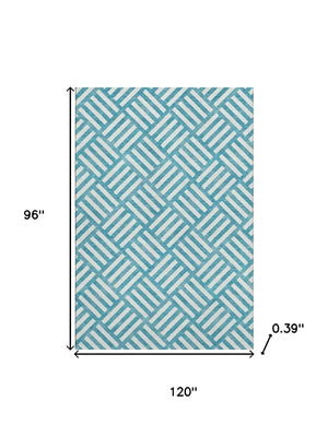 HomeRoots 8' X 10' Teal & Ivory Geometric Area Rug - Washable, UV Protected, Stylish for High-Traffic Spaces 652435