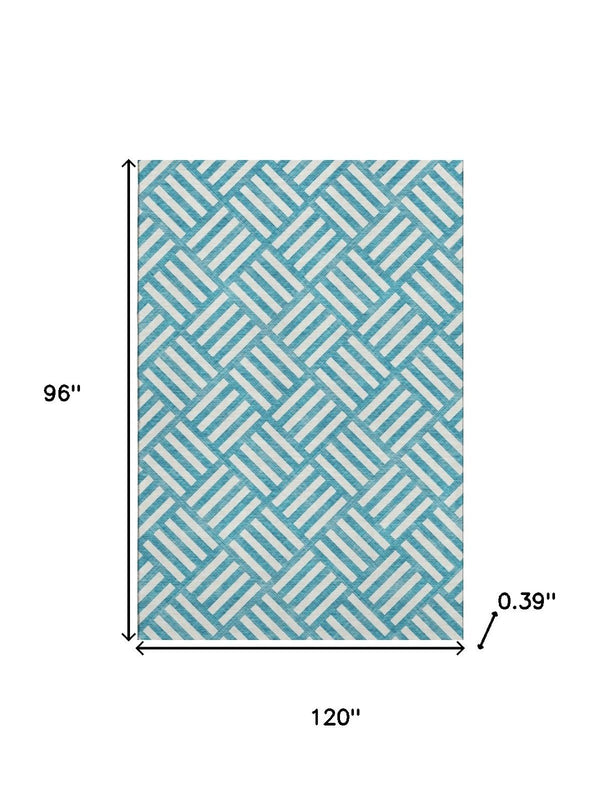 HomeRoots 8' X 10' Teal & Ivory Geometric Area Rug - Washable, UV Protected, Stylish for High-Traffic Spaces 652435