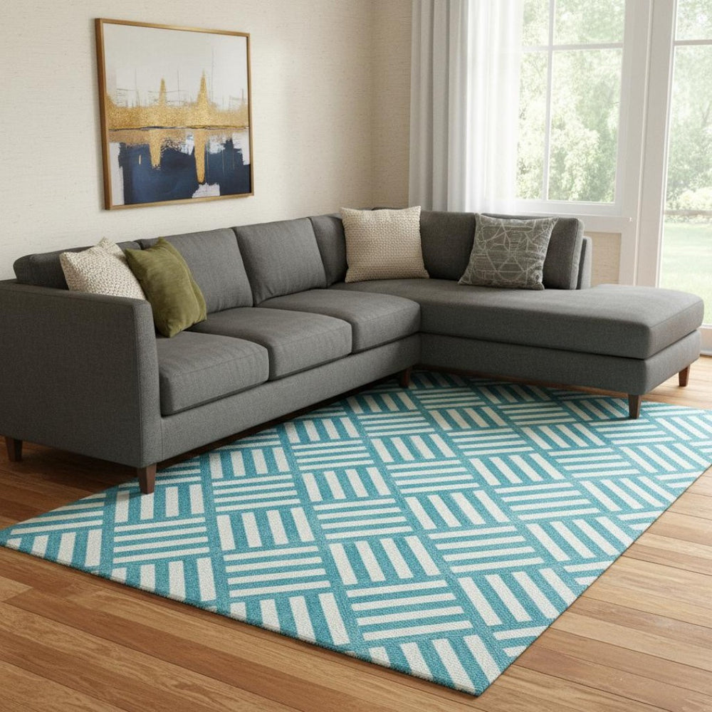 HomeRoots 8' X 10' Teal & Ivory Geometric Area Rug - Washable, UV Protected, Stylish for High-Traffic Spaces 652435