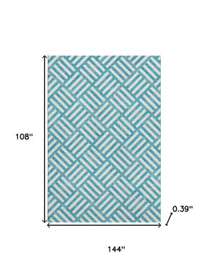 HomeRoots 9' X 12' Teal & Ivory Geometric Area Rug - Washable, UV Protected, Stain-Resistant, Family-Friendly Design 652436