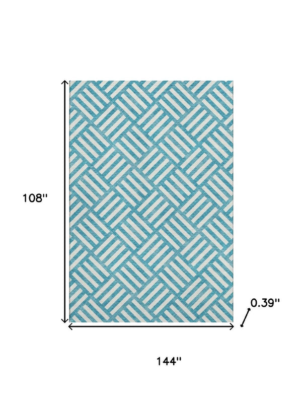 HomeRoots 9' X 12' Teal & Ivory Geometric Area Rug - Washable, UV Protected, Stain-Resistant, Family-Friendly Design 652436
