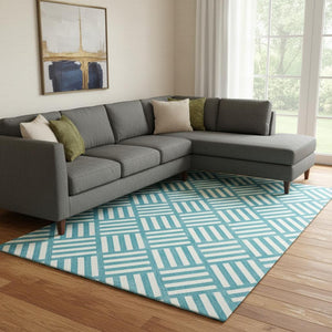 HomeRoots 9' X 12' Teal & Ivory Geometric Area Rug - Washable, UV Protected, Stain-Resistant, Family-Friendly Design 652436