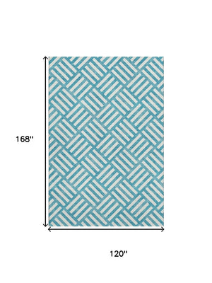 HomeRoots 10' X 14' Teal and Ivory Geometric Washable Area Rug - Durable, UV Protected, Perfect for Busy Homes! 652437