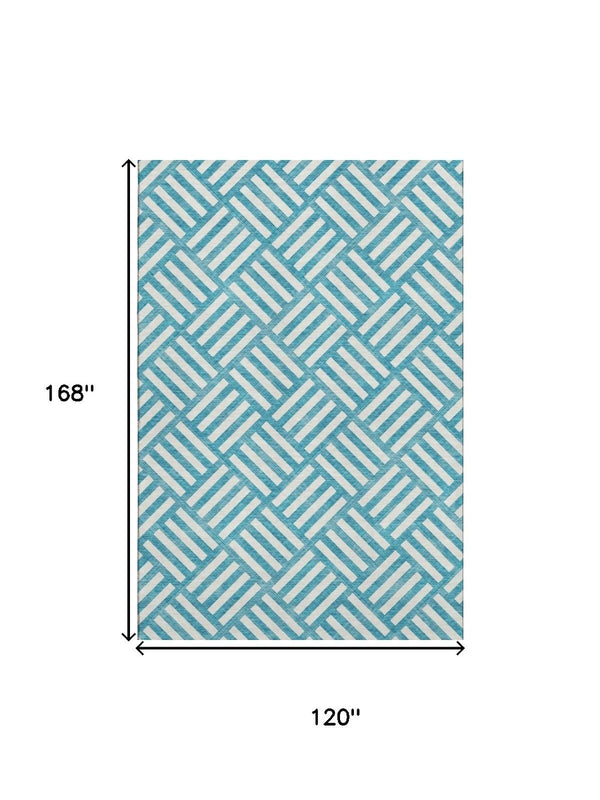 HomeRoots 10' X 14' Teal and Ivory Geometric Washable Area Rug - Durable, UV Protected, Perfect for Busy Homes! 652437