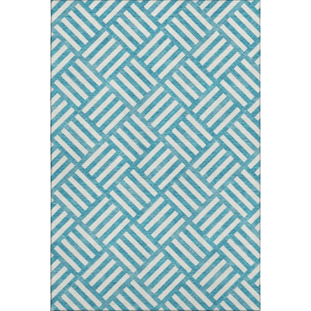 HomeRoots 10' X 14' Teal and Ivory Geometric Washable Area Rug - Durable, UV Protected, Perfect for Busy Homes! 652437