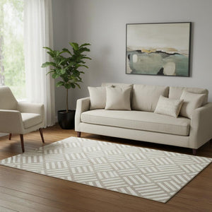 HomeRoots 5' X 8' Taupe & Ivory Geometric Area Rug - Washable, Stain-Resistant, UV Protected for High-Traffic Use 652439