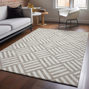 HomeRoots 5' X 8' Taupe & Ivory Geometric Area Rug - Washable, Stain-Resistant, UV Protected for High-Traffic Use 652439