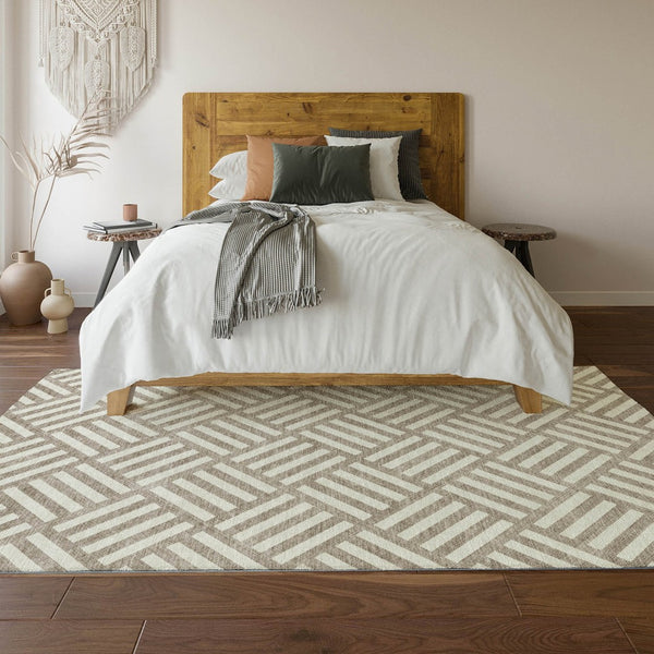 HomeRoots 5' X 8' Taupe & Ivory Geometric Area Rug - Washable, Stain-Resistant, UV Protected for High-Traffic Use 652439