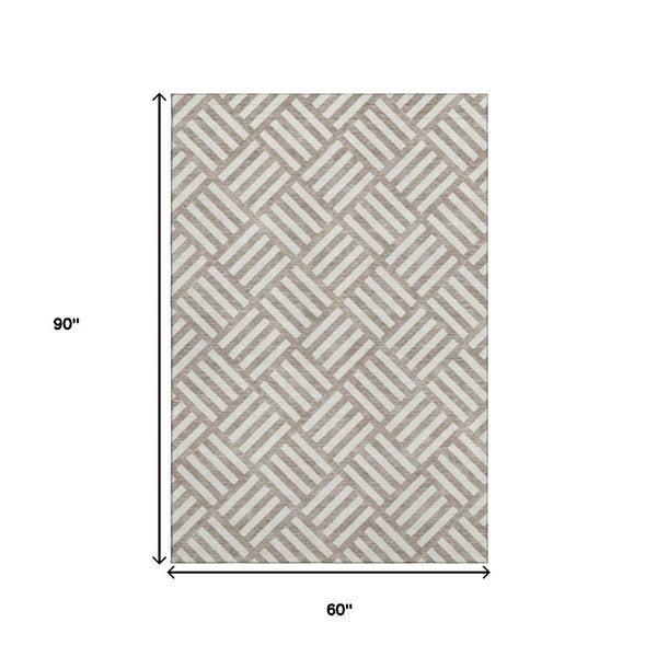 HomeRoots 5' X 8' Taupe & Ivory Geometric Area Rug - Washable, Stain-Resistant, UV Protected for High-Traffic Use 652439