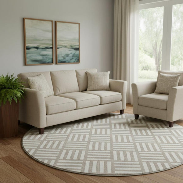HomeRoots 8' Taupe & Ivory Washable Round Rug – Durable, UV-Protected, Modern Geometric Design for Any Space 652440