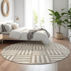 HomeRoots 8' Taupe & Ivory Washable Round Rug – Durable, UV-Protected, Modern Geometric Design for Any Space 652440