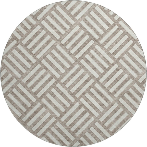 HomeRoots 8' Taupe & Ivory Washable Round Rug – Durable, UV-Protected, Modern Geometric Design for Any Space 652440