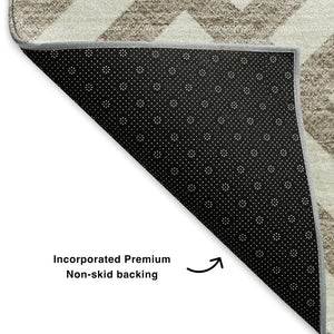 HomeRoots 8' Taupe & Ivory Washable Round Rug – Durable, UV-Protected, Modern Geometric Design for Any Space 652440