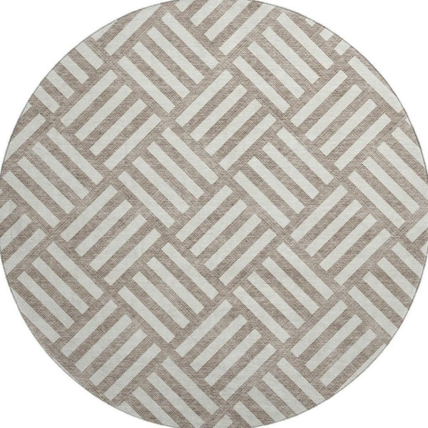 HomeRoots 8' Taupe & Ivory Washable Round Rug – Durable, UV-Protected, Modern Geometric Design for Any Space 652440
