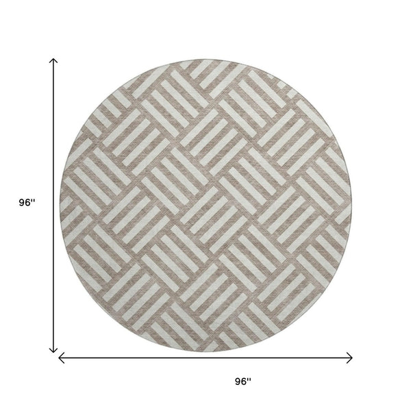 HomeRoots 8' Taupe & Ivory Washable Round Rug – Durable, UV-Protected, Modern Geometric Design for Any Space 652440