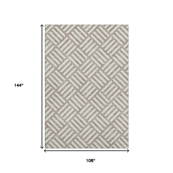 HomeRoots 9' X 12' Stylish Taupe and Ivory Geometric Washable Area Rug with UV Protection for Homes and Pets 652442