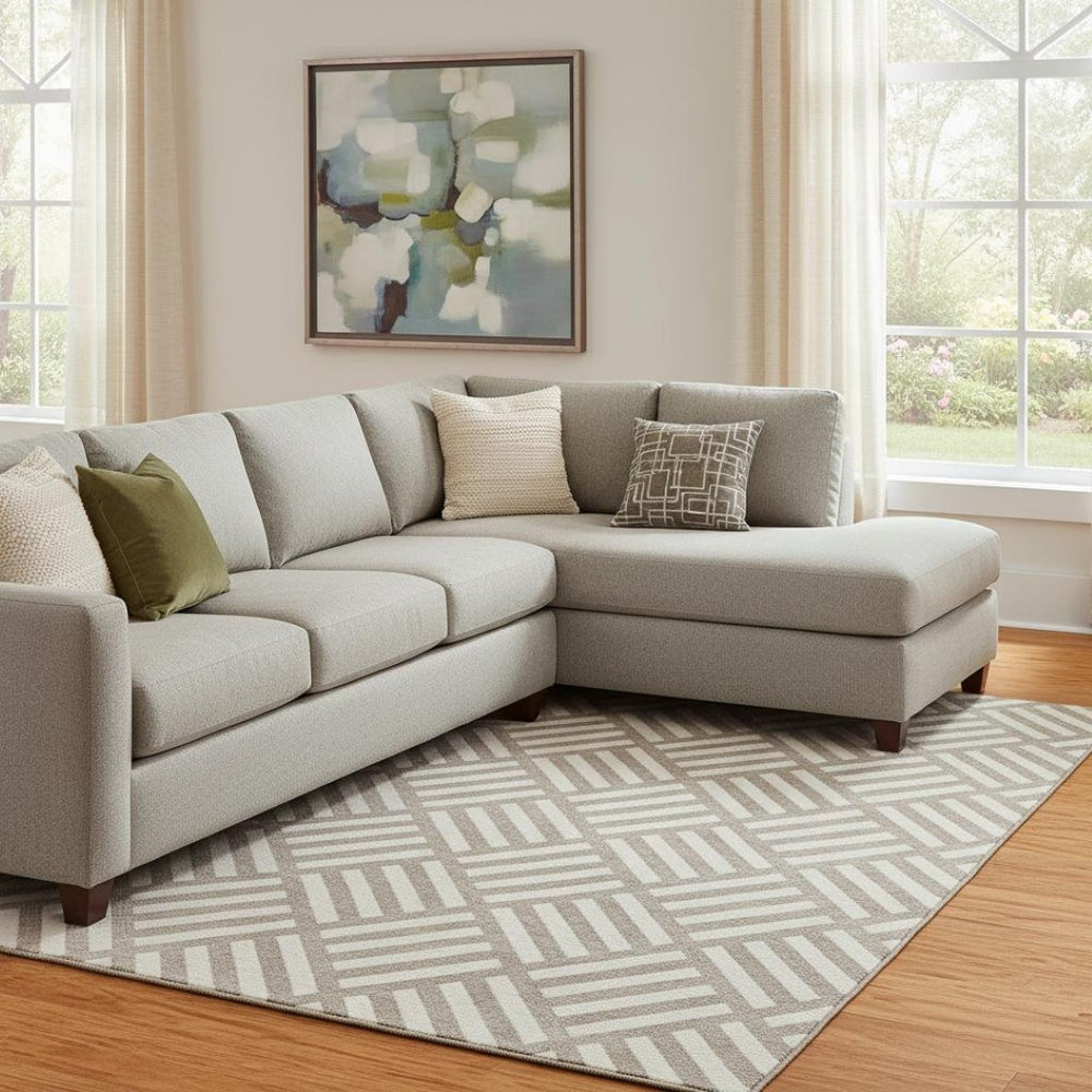 HomeRoots 9' X 12' Stylish Taupe and Ivory Geometric Washable Area Rug with UV Protection for Homes and Pets 652442
