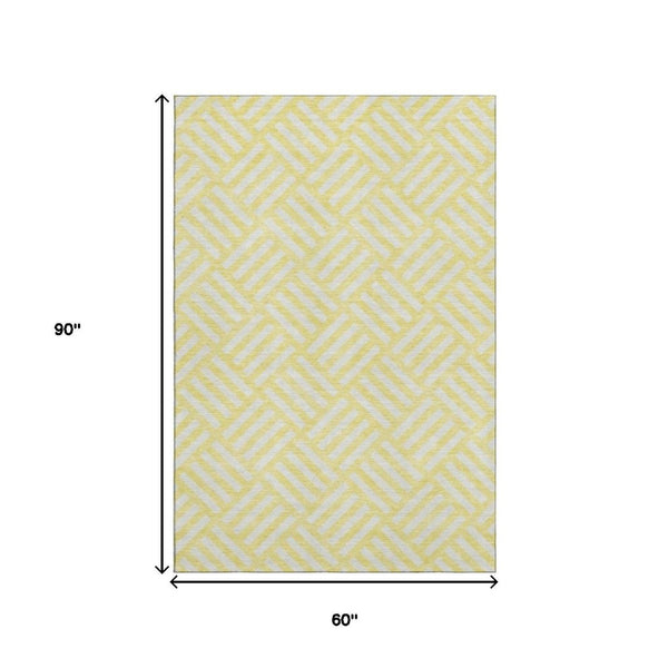 HomeRoots 5' X 8' Yellow And Ivory Geometric Area Rug - Durable, Washable, UV Protected for Family Homes 652445