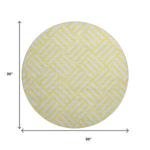 HomeRoots 8' Yellow And Ivory Geometric Round Rug - Washable, UV-Protected, Ideal for High-Traffic Spaces 652446