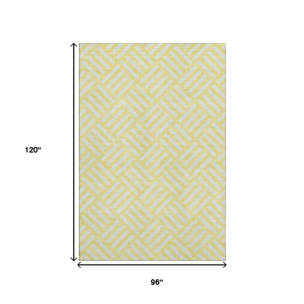 HomeRoots 8' X 10' Washable Yellow & Ivory Geometric Area Rug with UV Protection for Modern Homes & Families 652447
