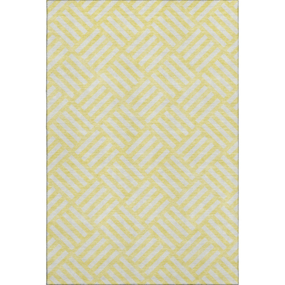 HomeRoots 9' X 12' Modern Yellow and Ivory Geometric Area Rug - Washable, UV Protected, Stain Resistant, Non-Slip 652448