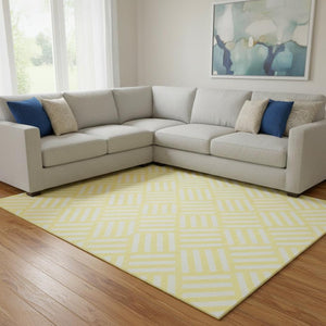 HomeRoots 10' Yellow & Ivory Geometric Washable Area Rug - UV Protection, Stain-Resistant, Durable Design! 652449