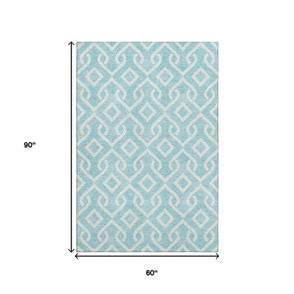HomeRoots 5' X 8' Aqua and Ivory Geometric Washable Area Rug - Stylish, Durable, Stain-Resistant, UV Protected! 652451