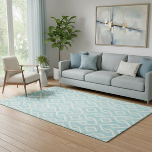 HomeRoots 5' X 8' Aqua and Ivory Geometric Washable Area Rug - Stylish, Durable, Stain-Resistant, UV Protected! 652451