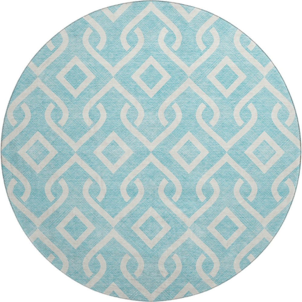 HomeRoots 8' Aqua and Ivory Geometric Round Rug - Washable, UV-Protected, Stain-Resistant - Modern Style 652452