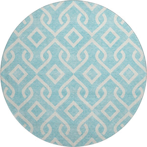 HomeRoots 8' Aqua and Ivory Geometric Round Rug - Washable, UV-Protected, Stain-Resistant - Modern Style 652452