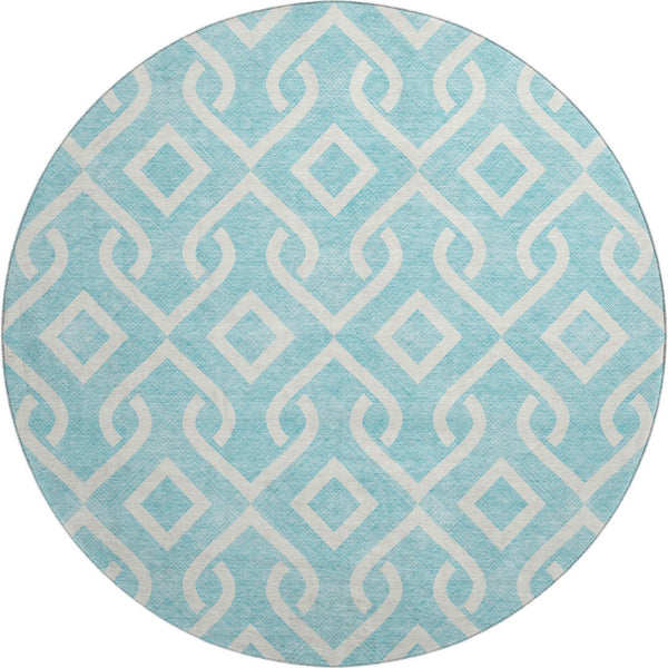 HomeRoots 8' Aqua and Ivory Geometric Round Rug - Washable, UV-Protected, Stain-Resistant - Modern Style 652452