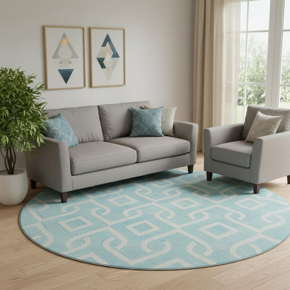 HomeRoots 8' Aqua and Ivory Geometric Round Rug - Washable, UV-Protected, Stain-Resistant - Modern Style 652452