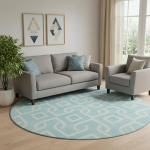 HomeRoots 8' Aqua and Ivory Geometric Round Rug - Washable, UV-Protected, Stain-Resistant - Modern Style 652452