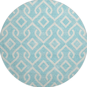 HomeRoots 8' Aqua and Ivory Geometric Round Rug - Washable, UV-Protected, Stain-Resistant - Modern Style 652452