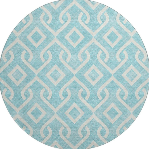 HomeRoots 8' Aqua and Ivory Geometric Round Rug - Washable, UV-Protected, Stain-Resistant - Modern Style 652452