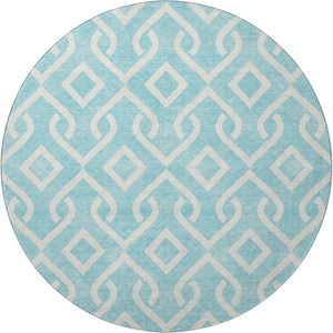 HomeRoots 8' Aqua and Ivory Geometric Round Rug - Washable, UV-Protected, Stain-Resistant - Modern Style 652452