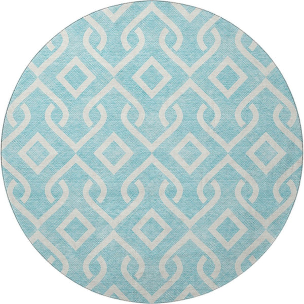 HomeRoots 8' Aqua and Ivory Geometric Round Rug - Washable, UV-Protected, Stain-Resistant - Modern Style 652452