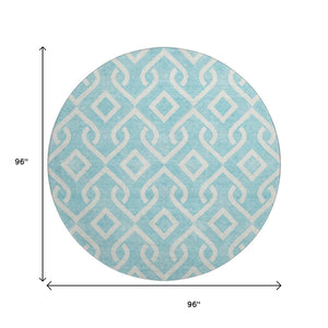 HomeRoots 8' Aqua and Ivory Geometric Round Rug - Washable, UV-Protected, Stain-Resistant - Modern Style 652452