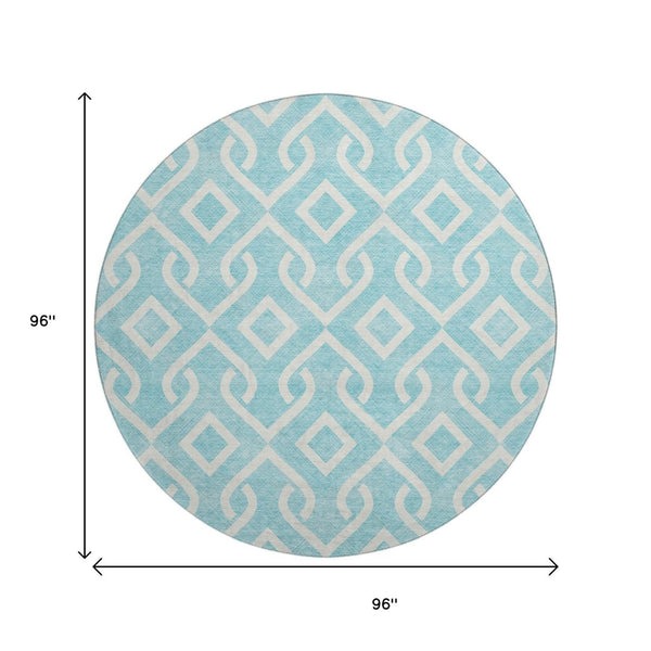 HomeRoots 8' Aqua and Ivory Geometric Round Rug - Washable, UV-Protected, Stain-Resistant - Modern Style 652452