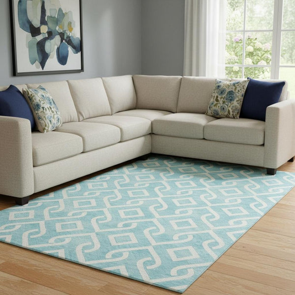 HomeRoots 8' X 10' Aqua & Ivory Geometric Washable Area Rug - Stylish, Durable, UV-Protected for Family Homes 652453