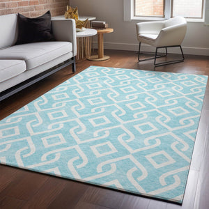 HomeRoots 8' X 10' Aqua & Ivory Geometric Washable Area Rug - Stylish, Durable, UV-Protected for Family Homes 652453