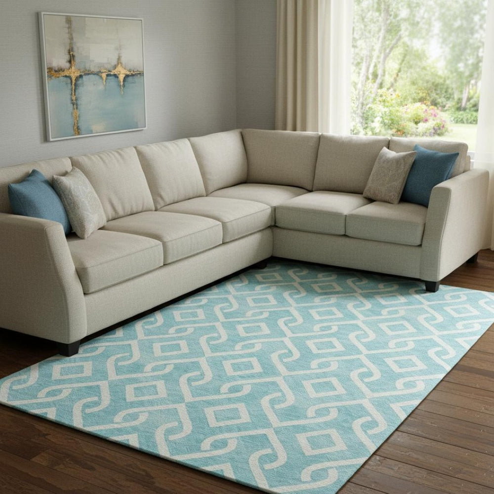 HomeRoots 9' X 12' Aqua & Ivory Geometric Area Rug - Washable, UV-Protected, Perfect for Kids & Pets! 652454