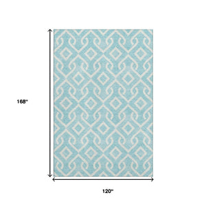 HomeRoots 10' Aqua and Ivory Geometric Area Rug - Washable, UV Protected, Stain Resistant for Busy Homes 652455