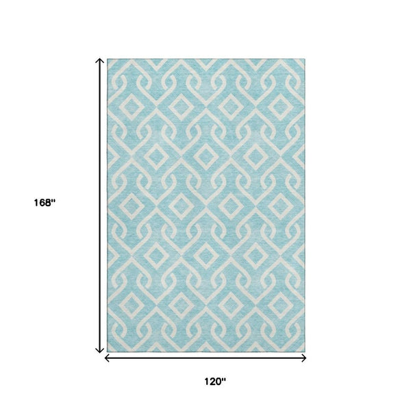 HomeRoots 10' Aqua and Ivory Geometric Area Rug - Washable, UV Protected, Stain Resistant for Busy Homes 652455