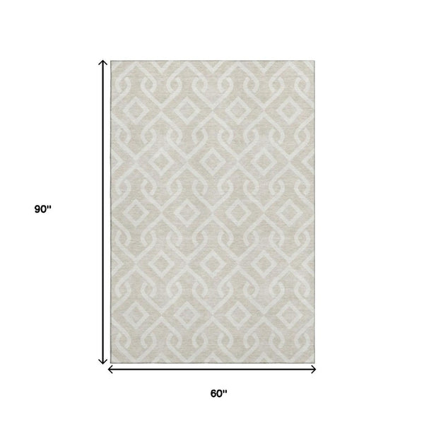 HomeRoots 5' X 8' Beige and Ivory Geometric Area Rug - Stylish, Washable Design with UV Protection for Durability 652457