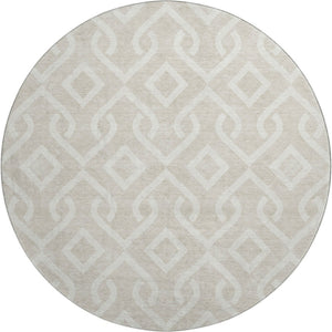 HomeRoots 8' Beige and Ivory Geometric Round Rug – Washable, UV Protected, Ideal for High-Traffic Spaces 652458